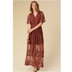 Altar’d State mauve maxi dress with lace overlay
